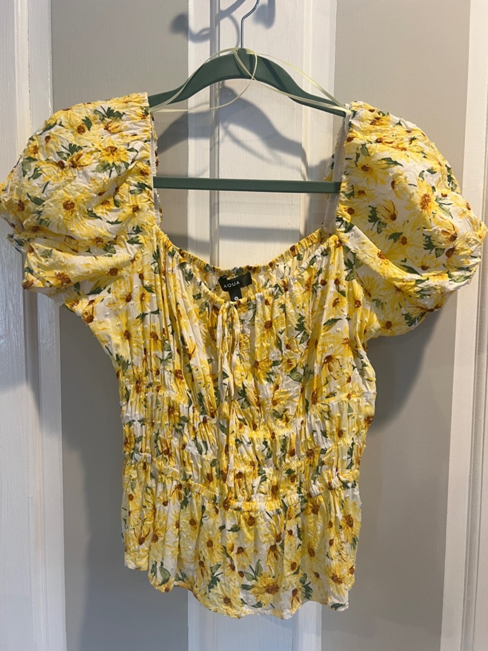 Aqua Yellow Floral Puff-Sleeve Smocked Waist Top